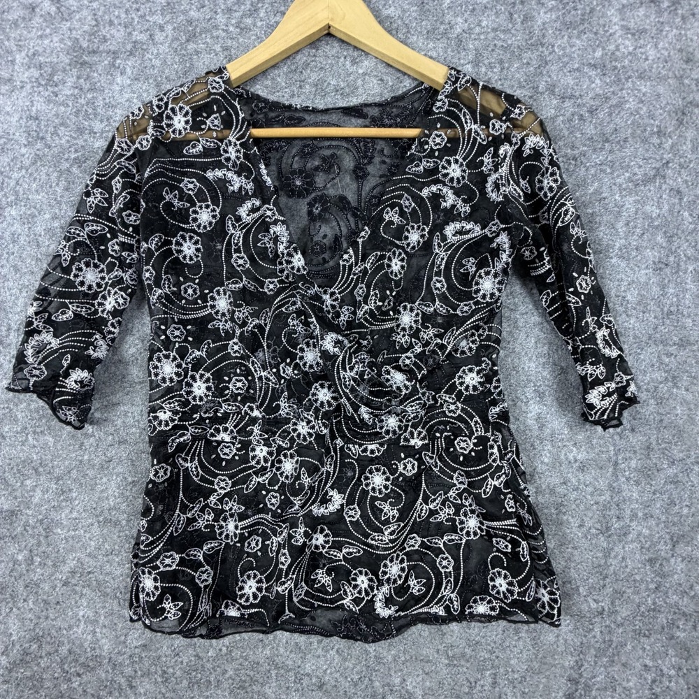 Womens Sheer Blouse Top Black White Floral Embroidered Office Chic Lux Dark Boho